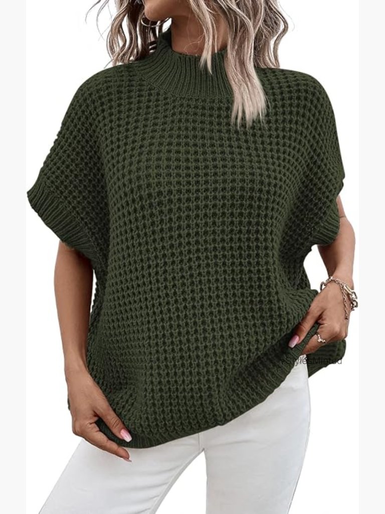 Mock Neck Batwing Short Sleeve Oversized Knit Pullover Sweater Vest
